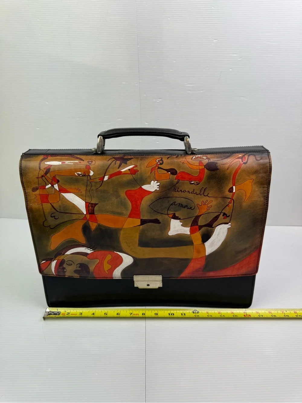 VTG Bambas Hand Painted Leather Briefcase Joan Miro Hirondelle Amour Italy W/Key